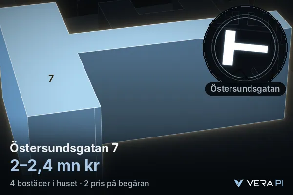 VERA PI:s bild av Östersundsgatan 7: huset i 3D, upplyst i blått, och kartan runt omkring
