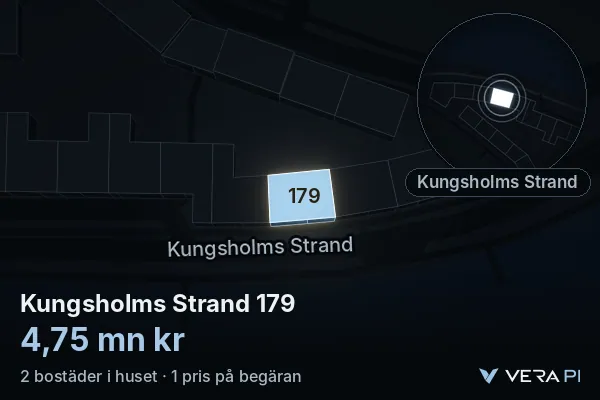 VERA PI:s bild av Kungsholms Strand 179: huset i 3D, upplyst i blått, och kartan runt omkring