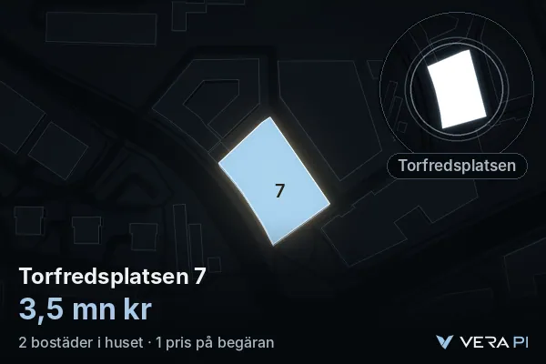 VERA PI's image of Torfredsplatsen 7: the building in 3D, lit in blue, and the map around it
