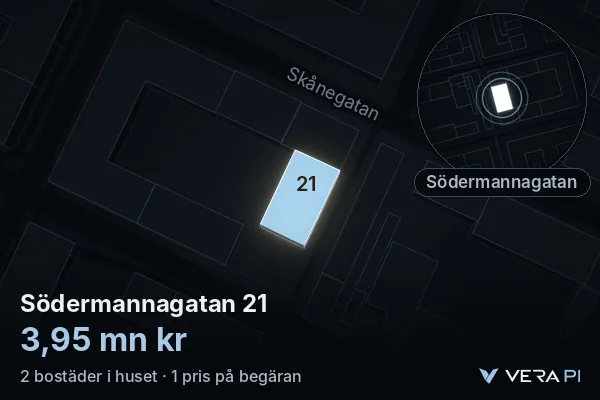 VERA PI:s bild av Södermannagatan 21: huset i 3D, upplyst i blått, och kartan runt omkring