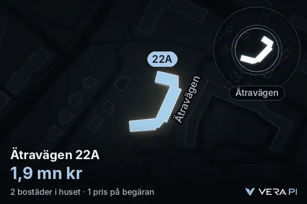 VERA PI:s bild av Ätravägen 22A: huset i 3D, upplyst i blått, och kartan runt omkring