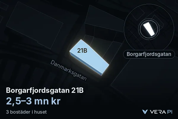 VERA PI's image of Borgarfjordsgatan 21B: the building in 3D, lit in blue, and the map around it
