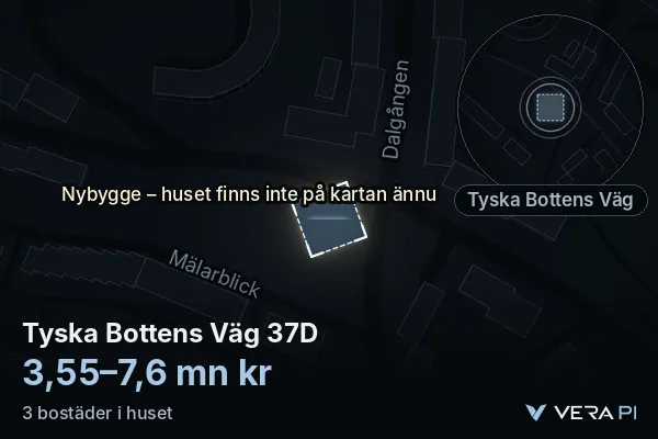 VERA PI:s bild av Tyska Bottens Väg 37D: huset i 3D, upplyst i blått, och kartan runt omkring