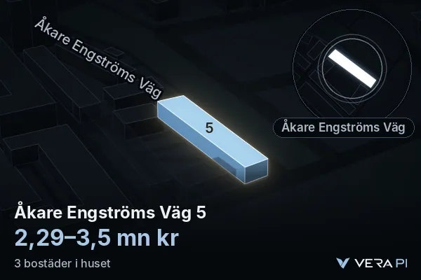 VERA PI:s bild av Åkare Engströms Väg 5: huset i 3D, upplyst i blått, och kartan runt omkring