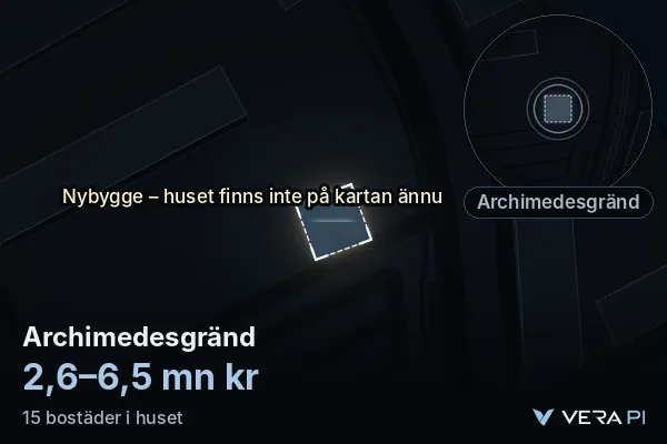 VERA PI:s bild av Archimedesgränd: huset i 3D, upplyst i blått, och kartan runt omkring
