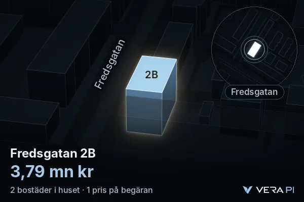 VERA PI:s bild av Fredsgatan 2B: huset i 3D, upplyst i blått, och kartan runt omkring