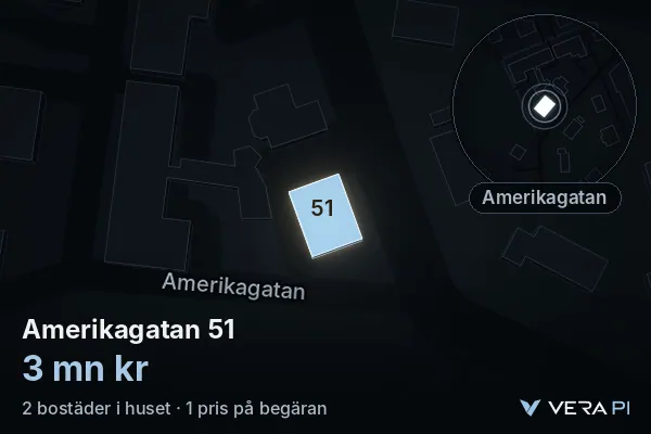 VERA PI's image of Amerikagatan 51: the building in 3D, lit in blue, and the map around it