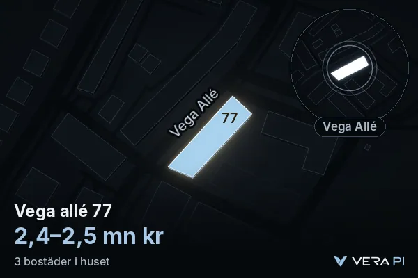 VERA PI:s bild av Vega allé 77: huset i 3D, upplyst i blått, och kartan runt omkring