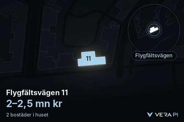 VERA PI's image of Flygfältsvägen 11: the building in 3D, lit in blue, and the map around it