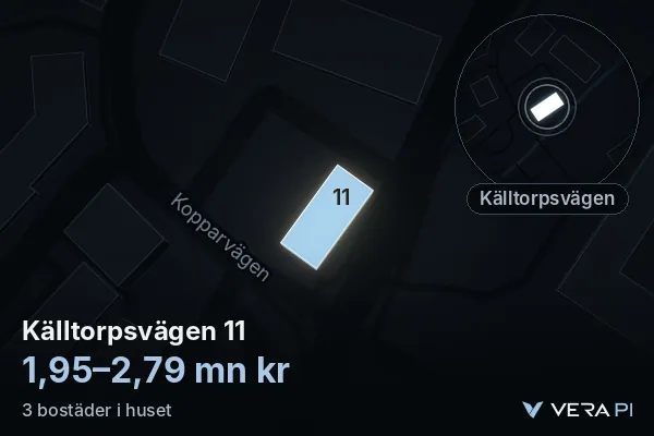 VERA PI's image of Källtorpsvägen 11: the building in 3D, lit in blue, and the map around it