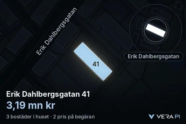 VERA PI:s bild av Erik Dahlbergsgatan 41: huset i 3D, upplyst i blått, och kartan runt omkring