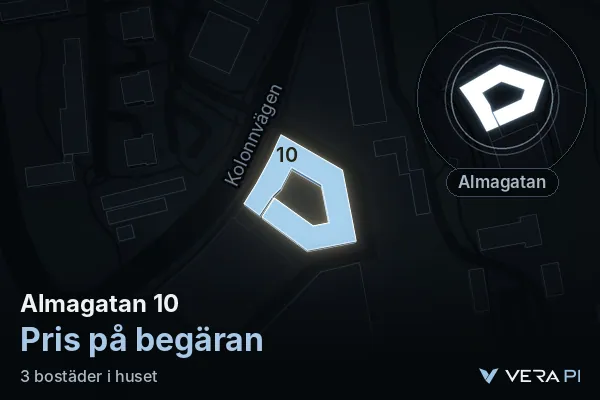 VERA PI's image of Almagatan 10: the building in 3D, lit in blue, and the map around it