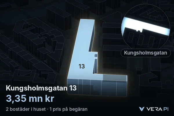 VERA PI:s bild av Kungsholmsgatan 13: huset i 3D, upplyst i blått, och kartan runt omkring