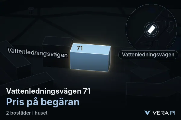 VERA PI:s bild av Vattenledningsvägen 71: huset i 3D, upplyst i blått, och kartan runt omkring