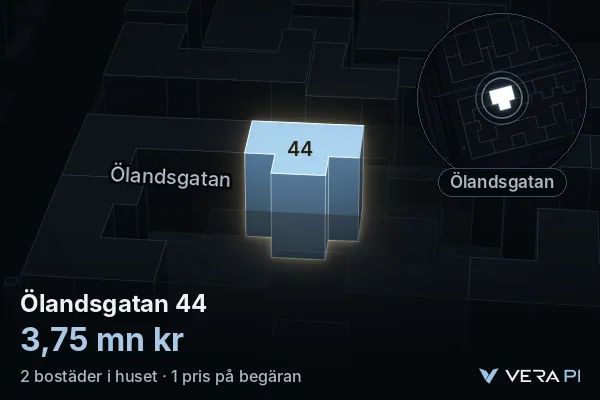 VERA PI:s bild av Ölandsgatan 44: huset i 3D, upplyst i blått, och kartan runt omkring