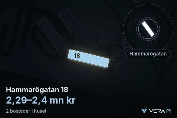 VERA PI:s bild av Hammarögatan 18: huset i 3D, upplyst i blått, och kartan runt omkring