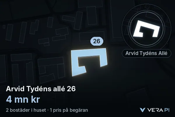 VERA PI's image of Arvid Tydéns allé 26: the building in 3D, lit in blue, and the map around it