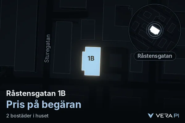 VERA PI:s bild av Råstensgatan 1B: huset i 3D, upplyst i blått, och kartan runt omkring