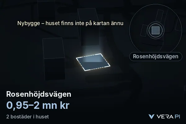 VERA PI:s bild av Rosenhöjdsvägen: huset i 3D, upplyst i blått, och kartan runt omkring