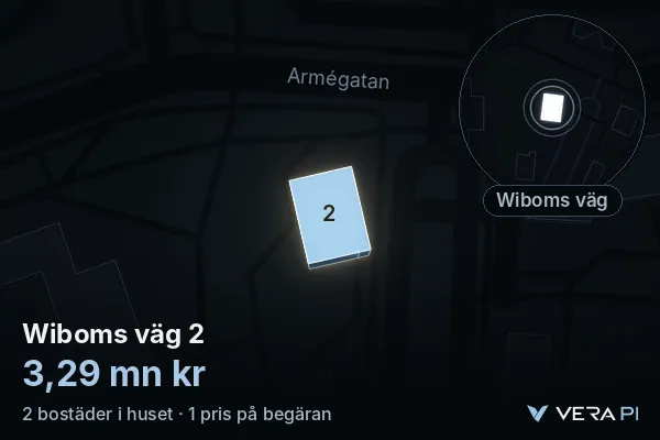 VERA PI's image of Wiboms väg 2: the building in 3D, lit in blue, and the map around it