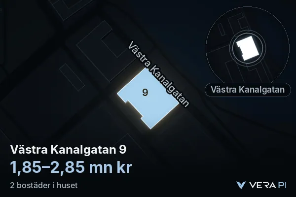 VERA PI's image of Västra Kanalgatan 9: the building in 3D, lit in blue, and the map around it