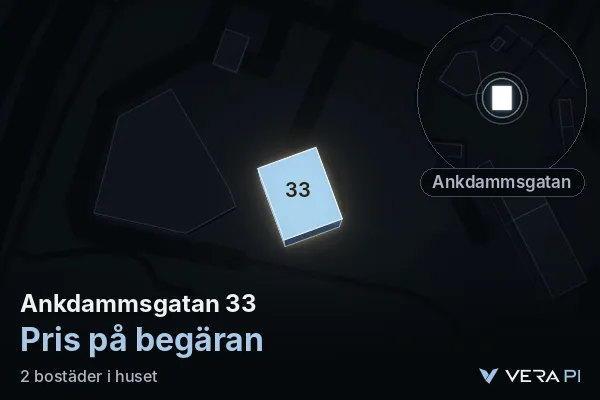 VERA PI's image of Ankdammsgatan 33: the building in 3D, lit in blue, and the map around it