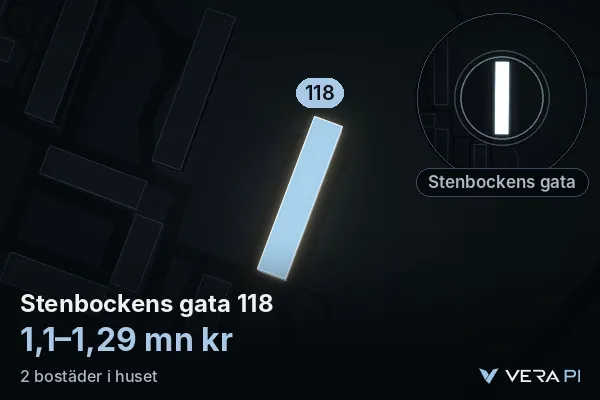 VERA PI's image of Stenbockens gata 118: the building in 3D, lit in blue, and the map around it
