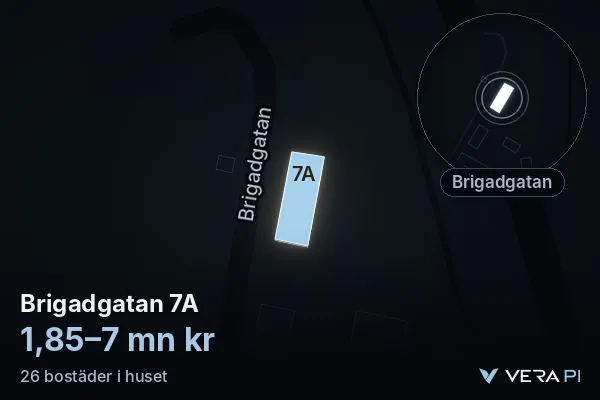 VERA PI's image of Brigadgatan 7A: the building in 3D, lit in blue, and the map around it