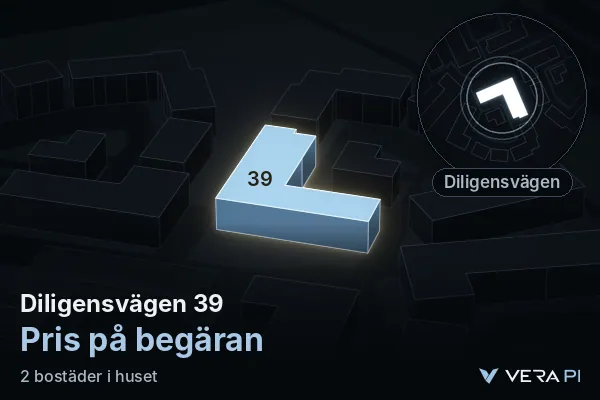 VERA PI's image of Diligensvägen 39: the building in 3D, lit in blue, and the map around it
