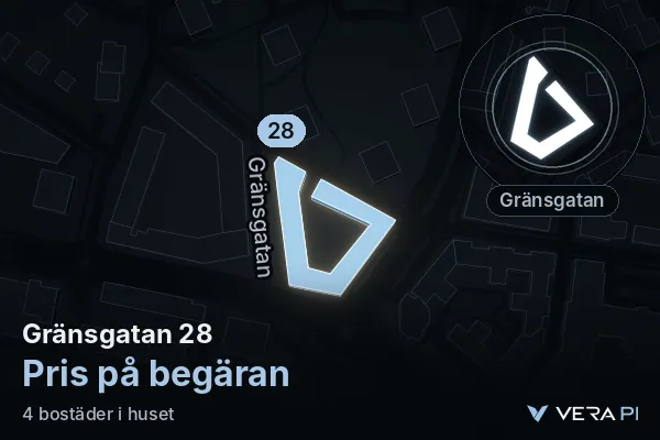 VERA PI's image of Gränsgatan 28: the building in 3D, lit in blue, and the map around it