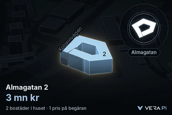 VERA PI's image of Almagatan 2: the building in 3D, lit in blue, and the map around it