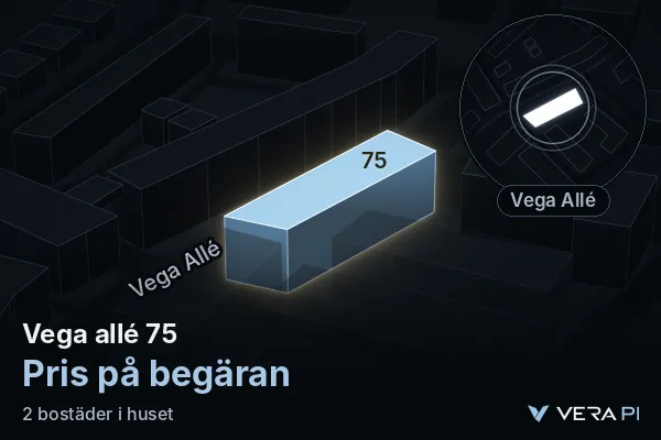 VERA PI:s bild av Vega allé 75: huset i 3D, upplyst i blått, och kartan runt omkring