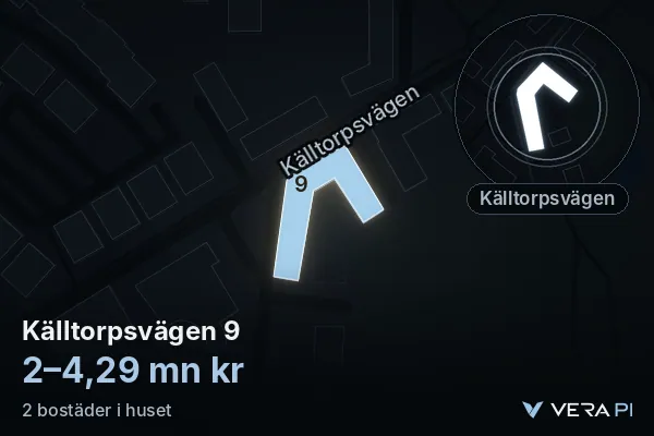 VERA PI:s bild av Källtorpsvägen 9: huset i 3D, upplyst i blått, och kartan runt omkring