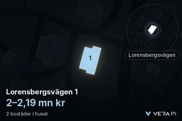 VERA PI:s bild av Lorensbergsvägen 1: huset i 3D, upplyst i blått, och kartan runt omkring