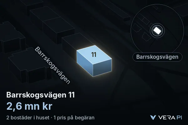 VERA PI:s bild av Barrskogsvägen 11: huset i 3D, upplyst i blått, och kartan runt omkring