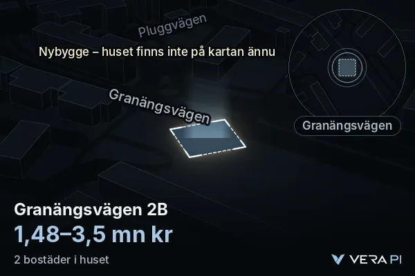 VERA PI's image of Granängsvägen 2B: the building in 3D, lit in blue, and the map around it
