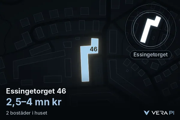 VERA PI:s bild av Essingetorget 46: huset i 3D, upplyst i blått, och kartan runt omkring