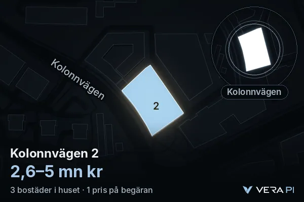 VERA PI's image of Kolonnvägen 2: the building in 3D, lit in blue, and the map around it