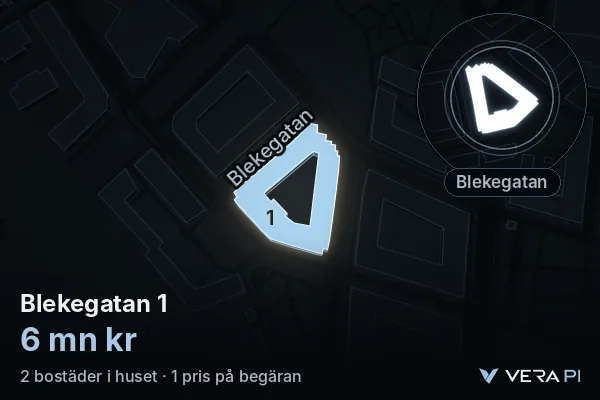 VERA PI's image of Blekegatan 1: the building in 3D, lit in blue, and the map around it
