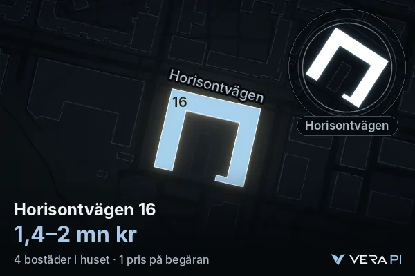 VERA PI:s bild av Horisontvägen 16: huset i 3D, upplyst i blått, och kartan runt omkring