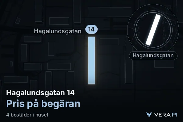 VERA PI's image of Hagalundsgatan 14: the building in 3D, lit in blue, and the map around it