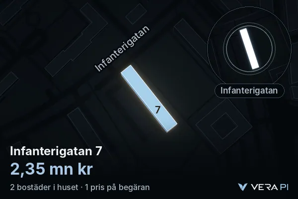 VERA PI's image of Infanterigatan 7: the building in 3D, lit in blue, and the map around it
