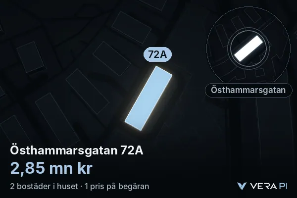 VERA PI:s bild av Östhammarsgatan 72A: huset i 3D, upplyst i blått, och kartan runt omkring