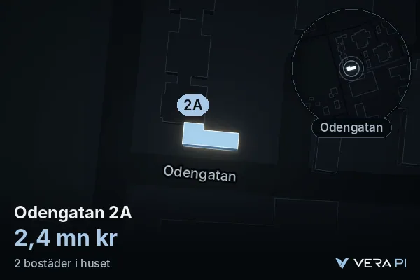VERA PI's image of Odengatan 2A: the building in 3D, lit in blue, and the map around it