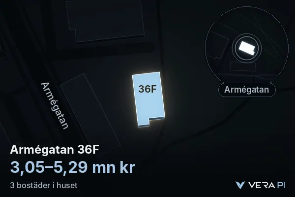 VERA PI's image of Armégatan 36F: the building in 3D, lit in blue, and the map around it