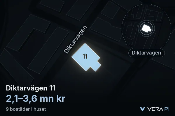 VERA PI's image of Diktarvägen 11: the building in 3D, lit in blue, and the map around it