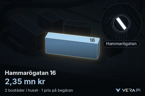 VERA PI:s bild av Hammarögatan 16: huset i 3D, upplyst i blått, och kartan runt omkring