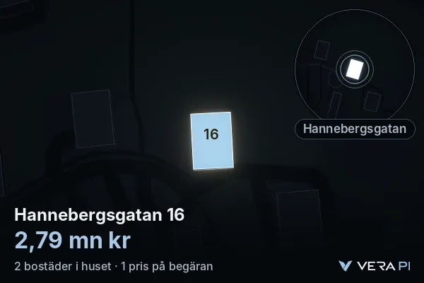 VERA PI's image of Hannebergsgatan 16: the building in 3D, lit in blue, and the map around it