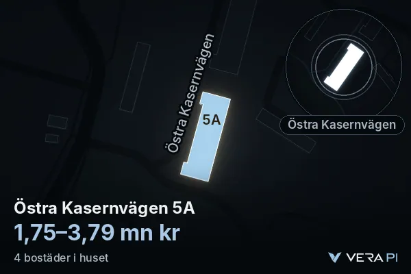 VERA PI's image of Östra Kasernvägen 5A: the building in 3D, lit in blue, and the map around it