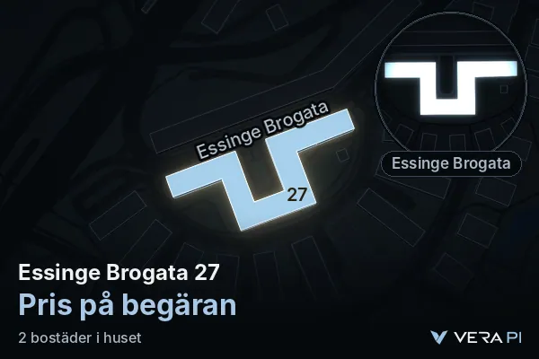VERA PI's image of Essinge Brogata 27: the building in 3D, lit in blue, and the map around it